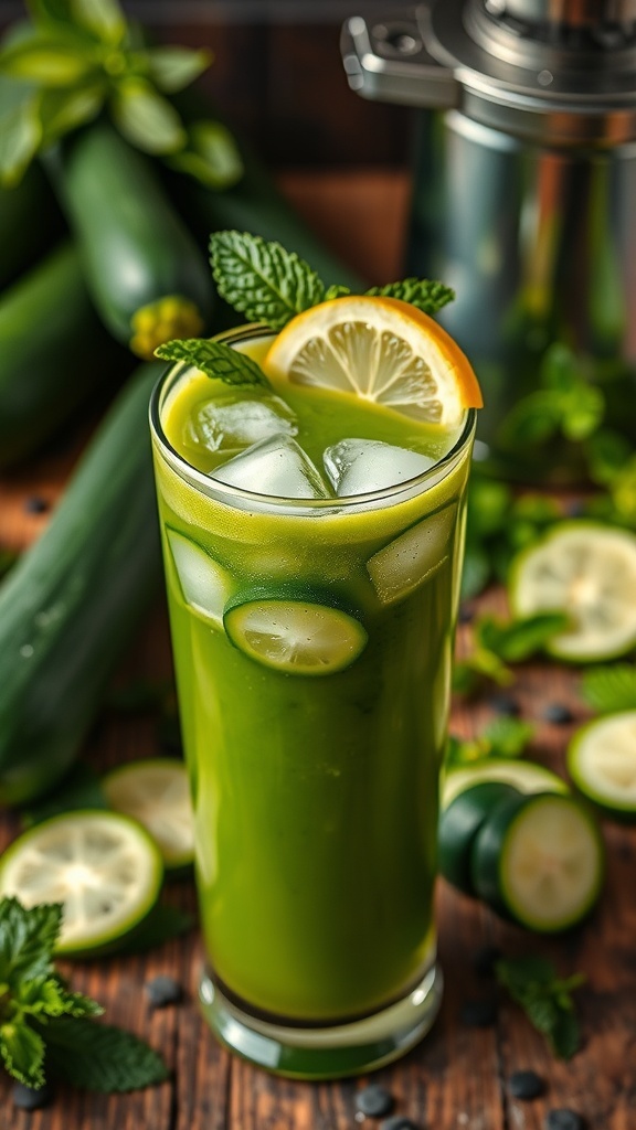 A glass of refreshing zucchini juice with lemon and mint, surrounded by fresh zucchinis on a wooden table.